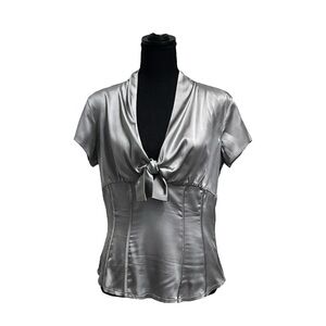 Silver Tie Front Fitted Blouse